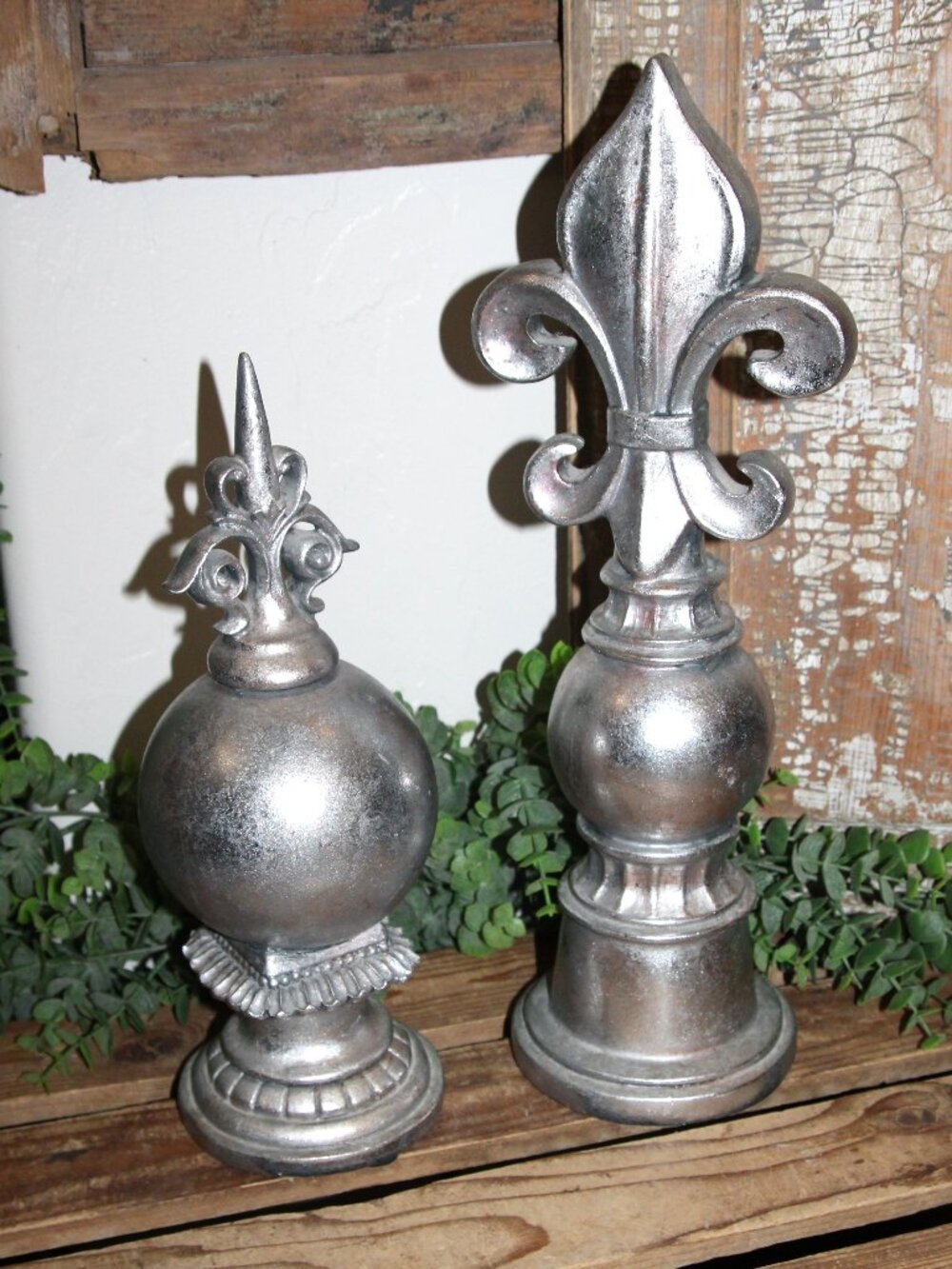 Pair of Old World French Country Silver Fleur De Lis & Spire Orb Finials